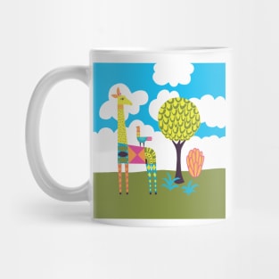 Colorful, patterned giraffe with bird friend in African landscape Mug